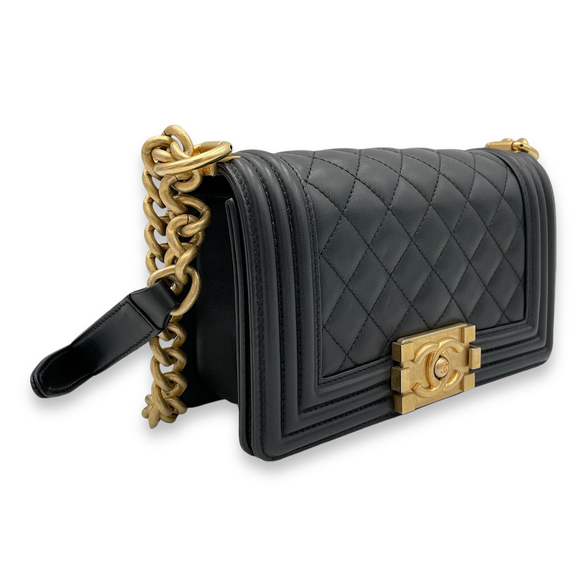 Boy Small Crossbody Bag Black in Calfskin, Brushed Gold - Image 4