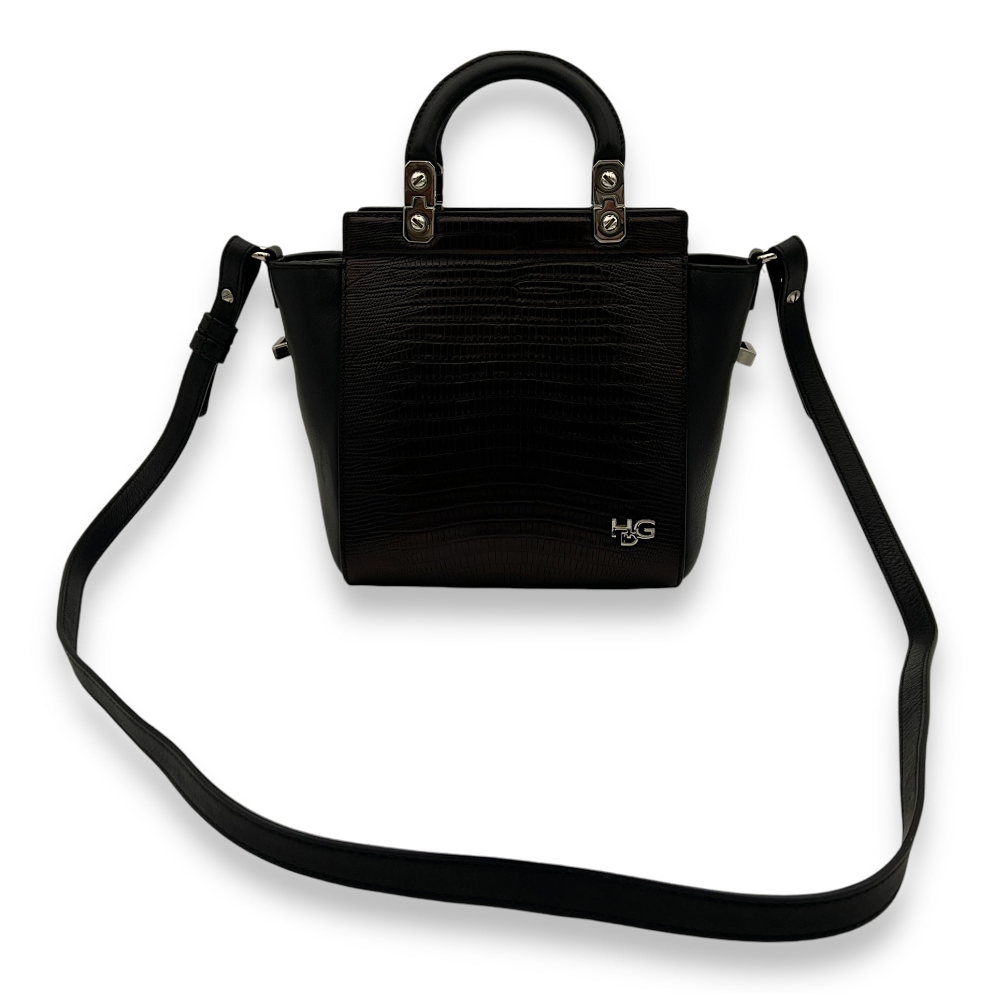 HDG Mini Black Top Handle Bag in Lizard Embossed Calfskin, Silver hardware - Image 10