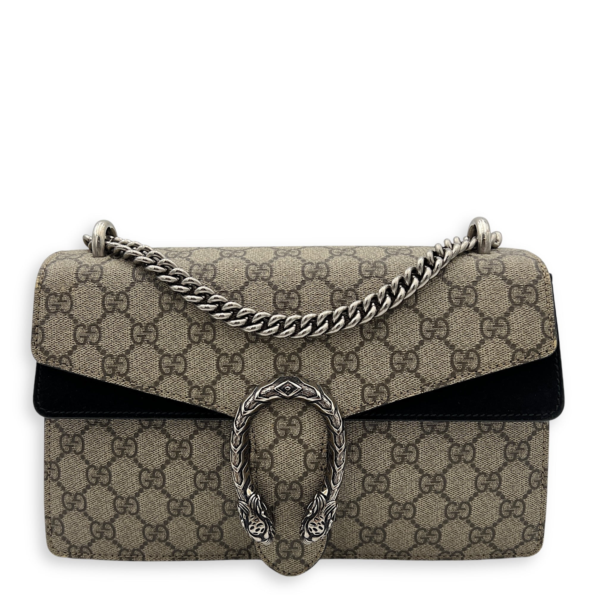 Dionysus Small Black Shoulder Bag in Coated Canvas, Silver hardware