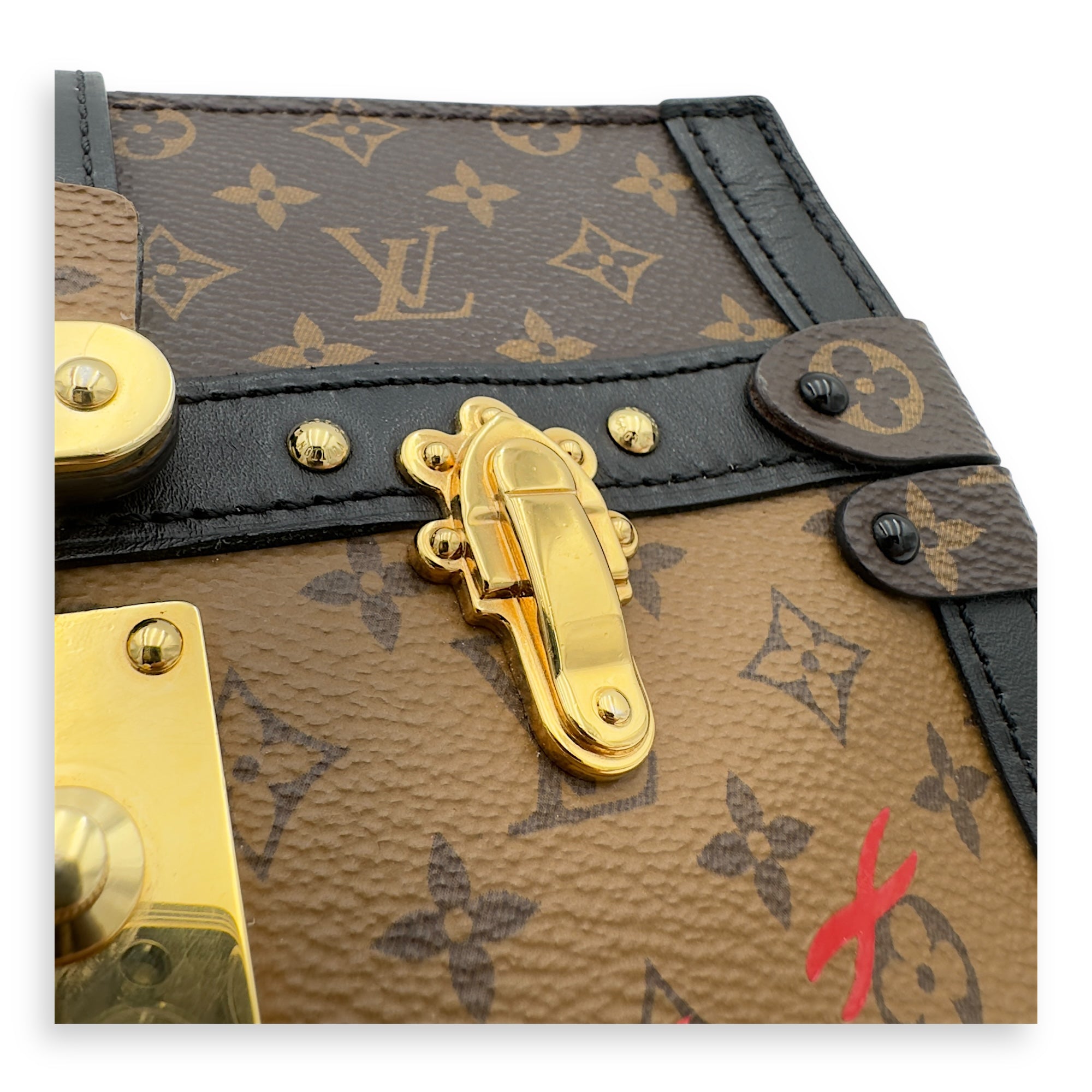 Trunk Clutch 2 Way Brown Crossbody Bag in Coated Canvas, Gold hardware - Image 12