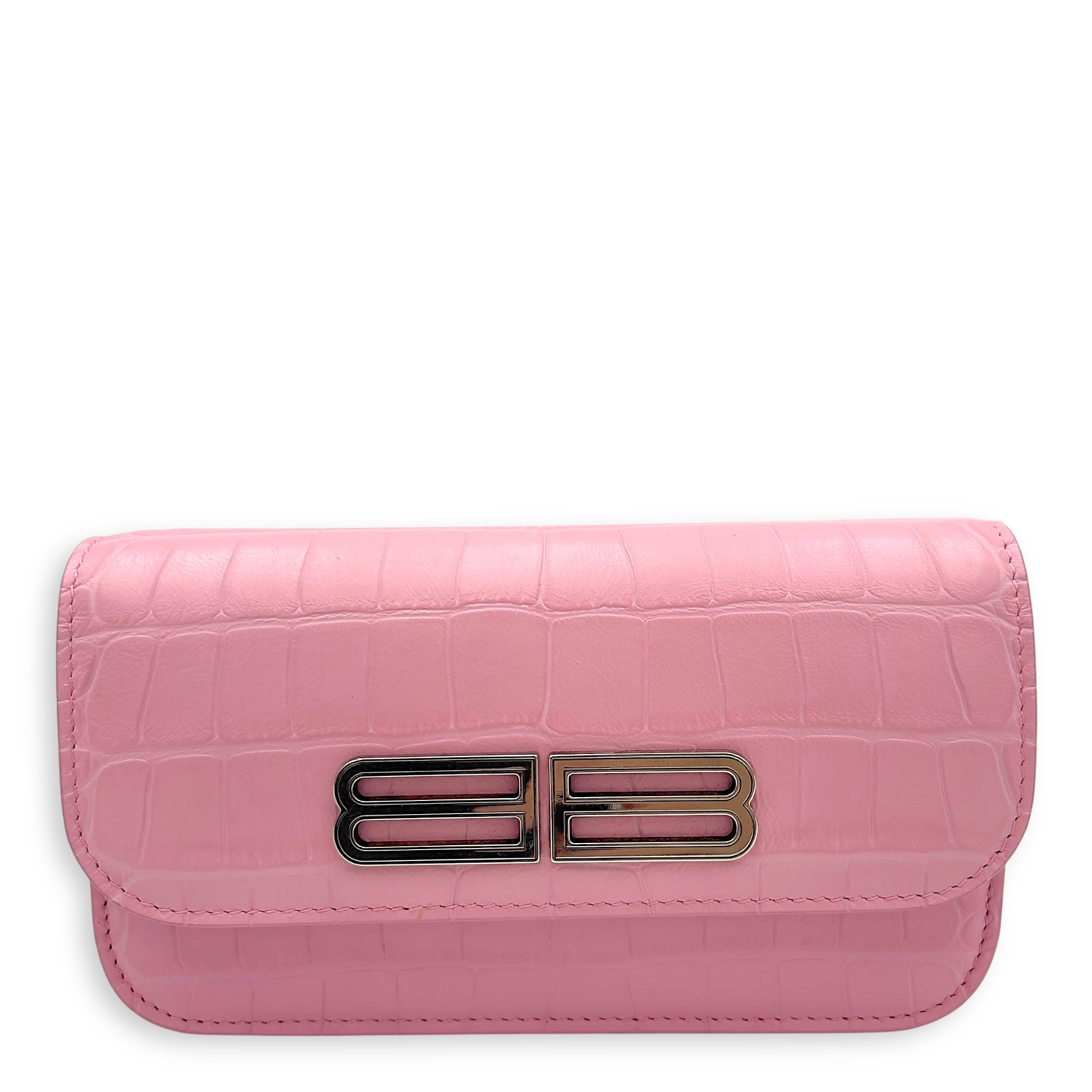 Gossip Pink Wallet On Chain in Crocodile Embossed Calfskin, Silver hardware