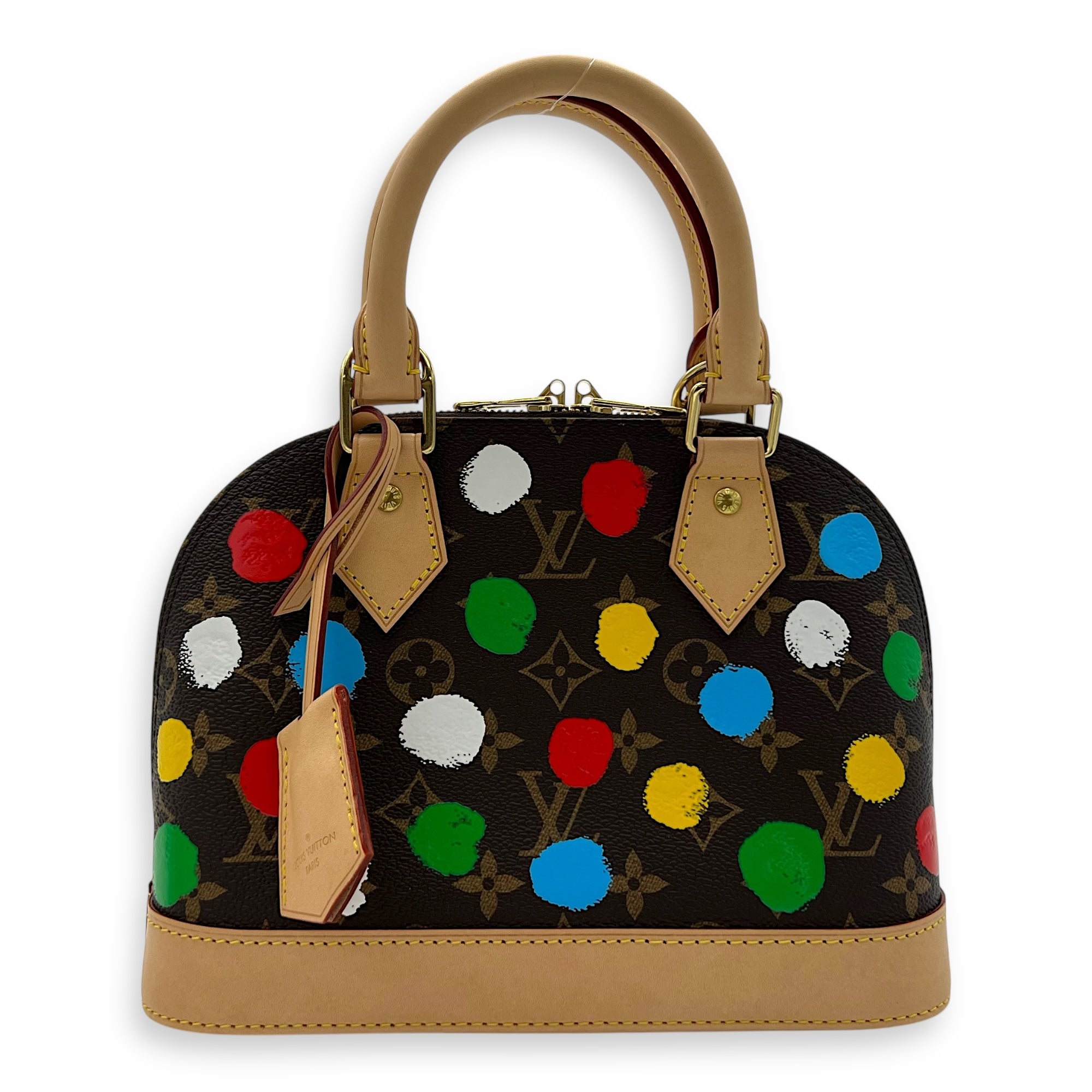 Yayoi Kusama Alma BB Brown Top Handle Bag in Monogram Coated Canvas, Gold hardware