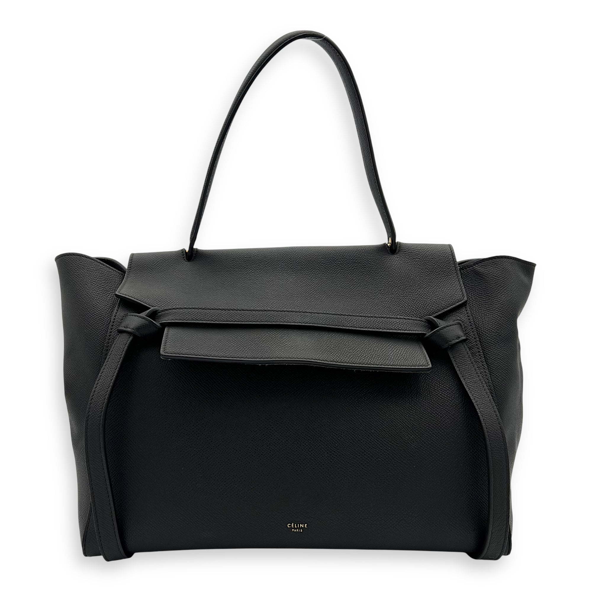 Belt Small Black Top Handle Bag in Calfskin, Gold hardware