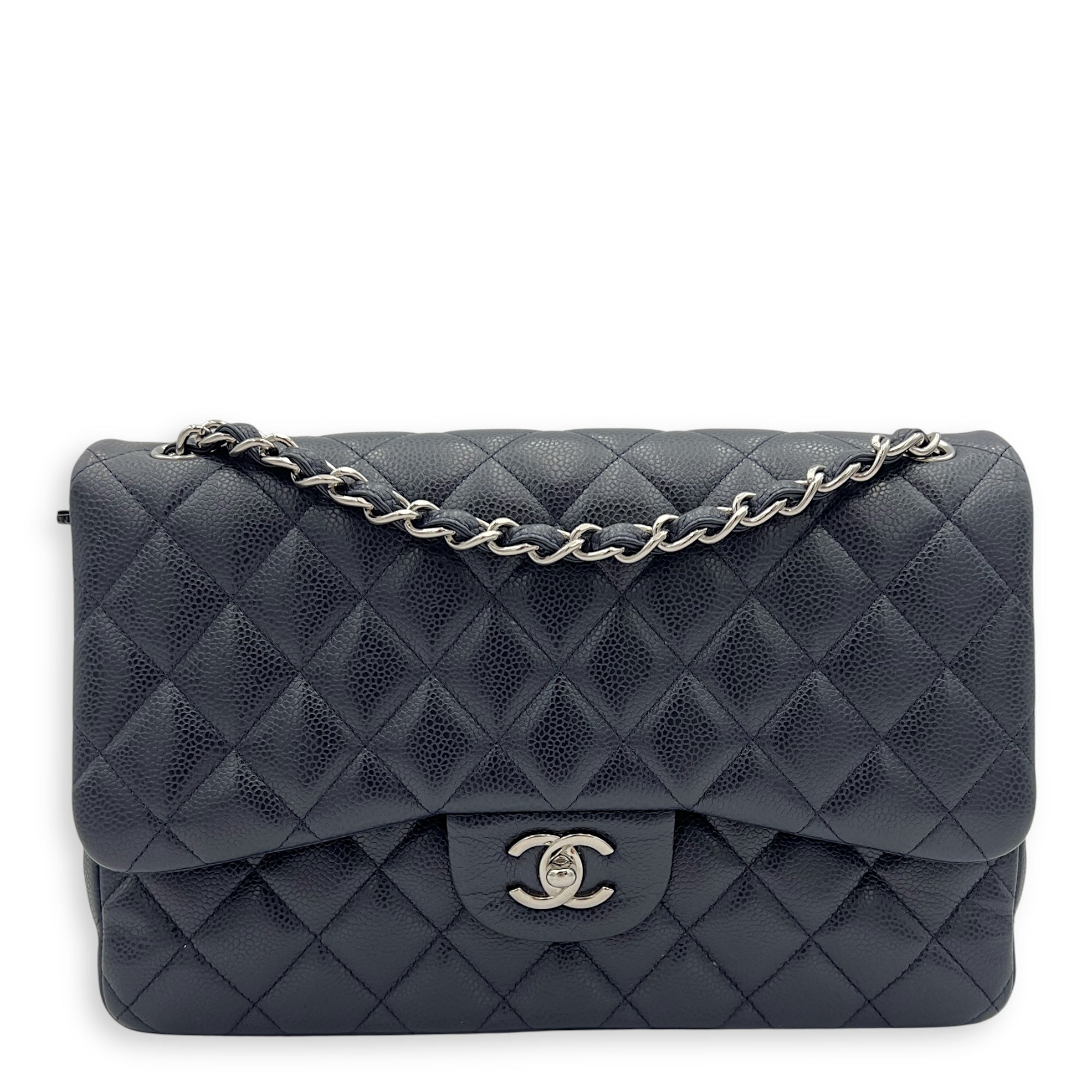 Classic Jumbo Blue Shoulder Bag in Caviar Leather, Silver hardware