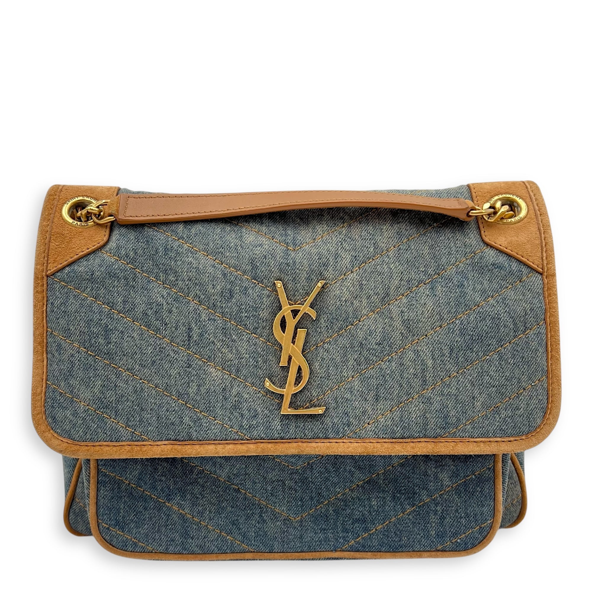 Niki Shoulder Bag Medium Blue in Denim, Gold hardware