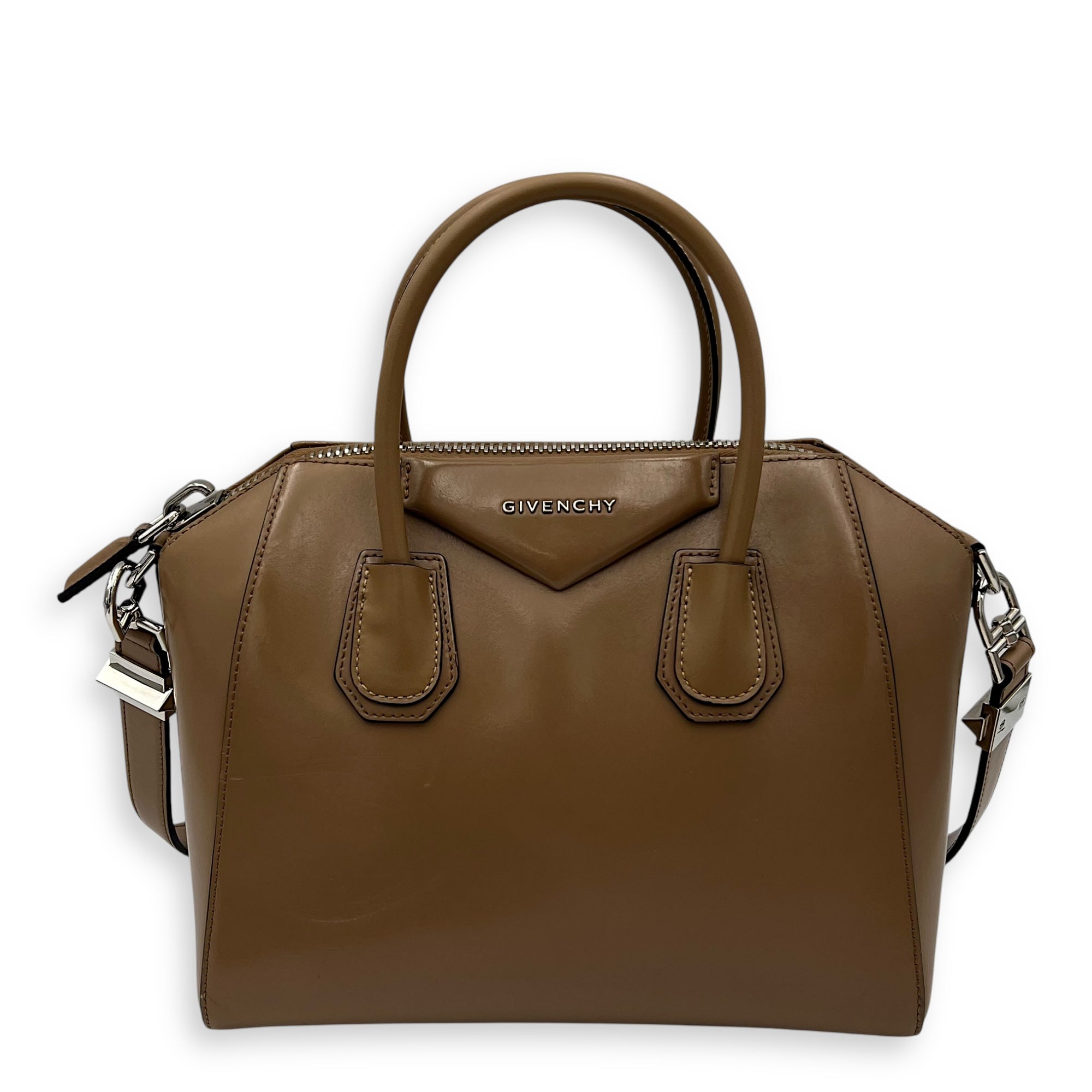 Antigona Beige Top Handle Bag in Calfskin, Silver hardware