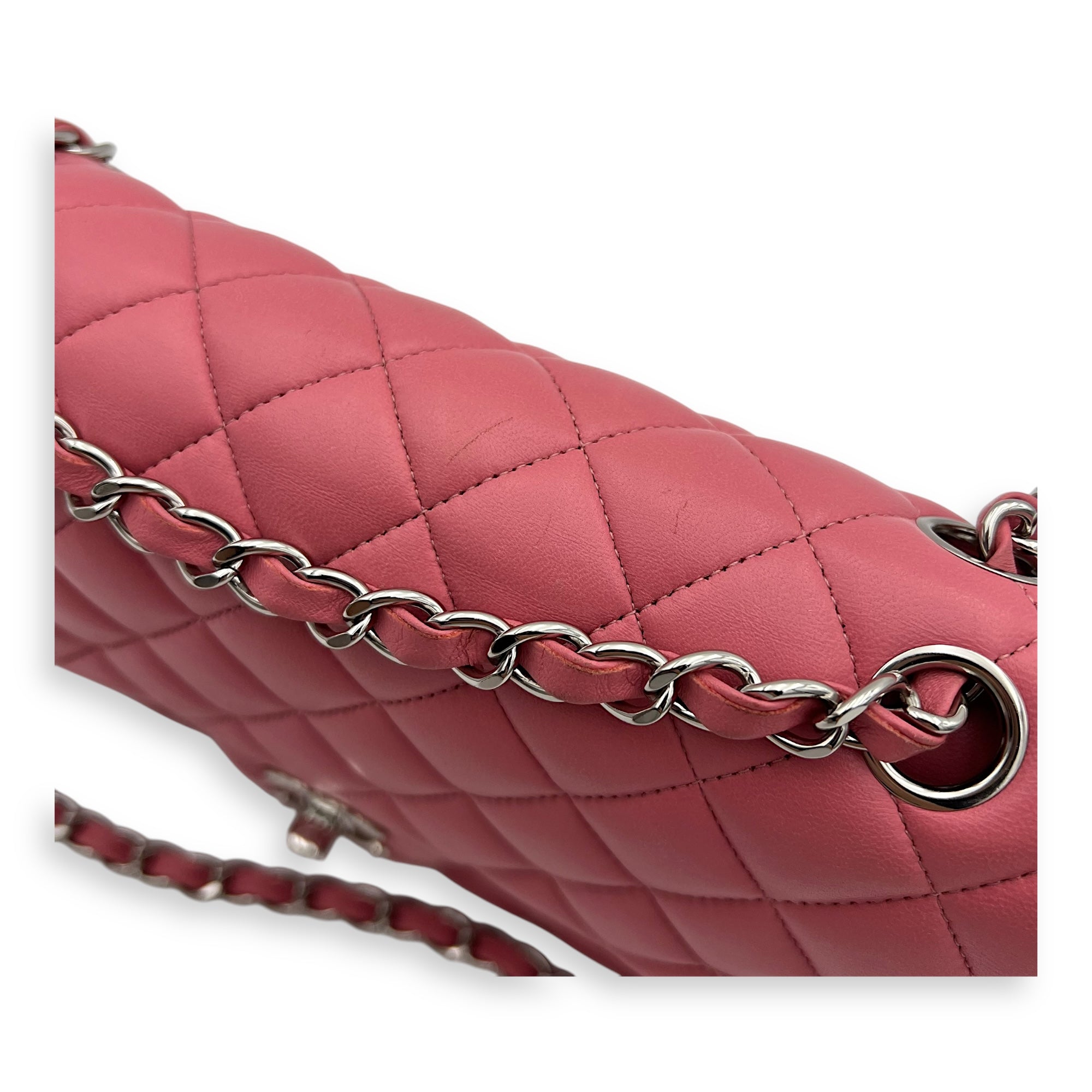 Classic Medium Pink Shoulder Bag in Lambskin, Silver hardware - Image 14