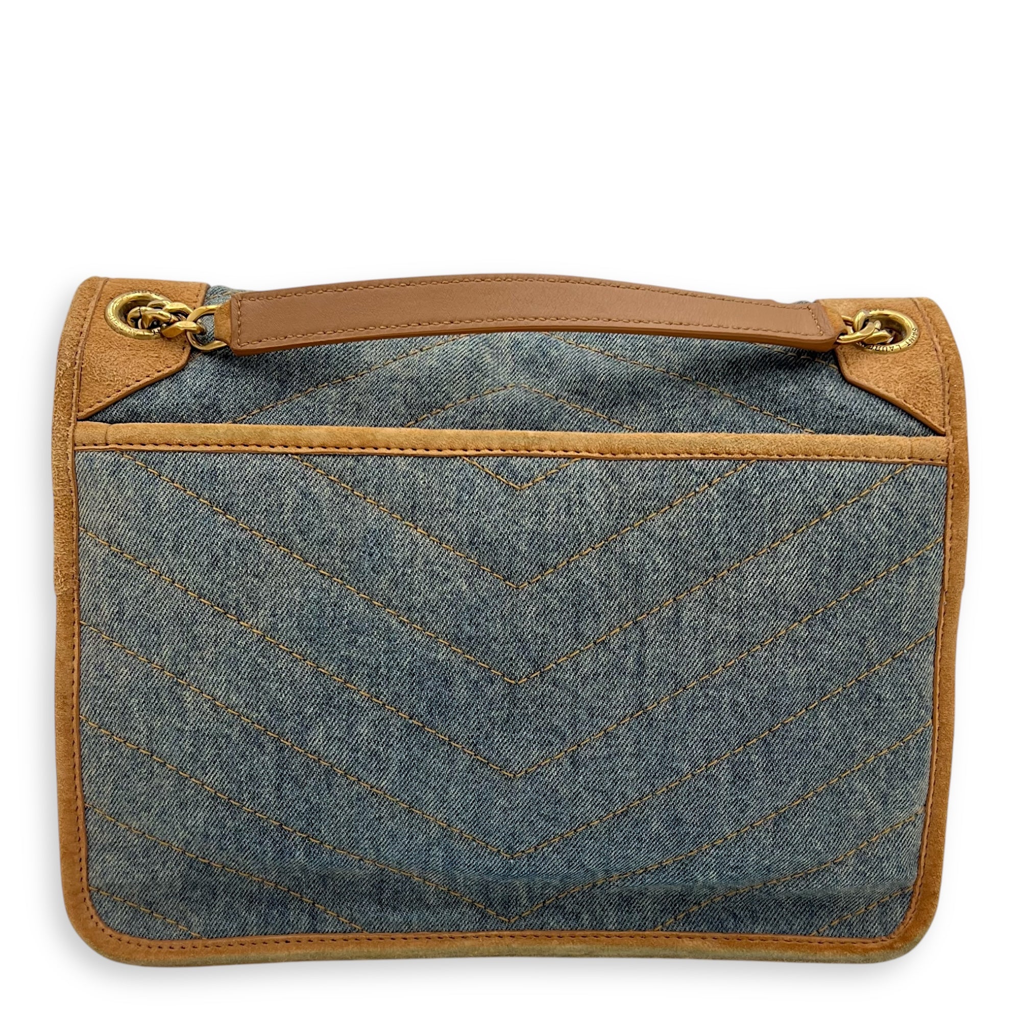Niki Shoulder Bag Medium Blue in Denim, Gold hardware - Image 3