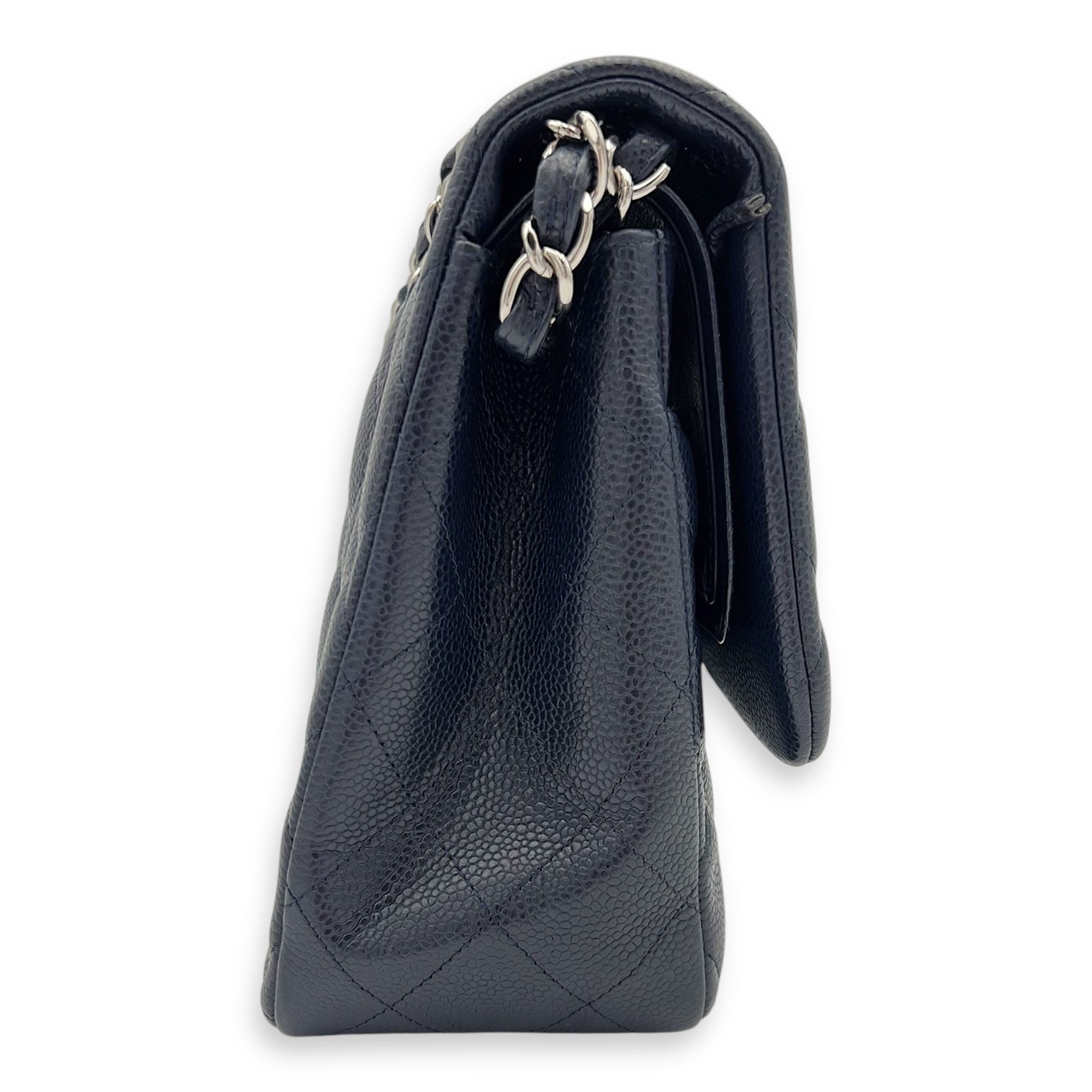 Classic Jumbo Blue Shoulder Bag in Caviar Leather, Silver hardware - Image 4