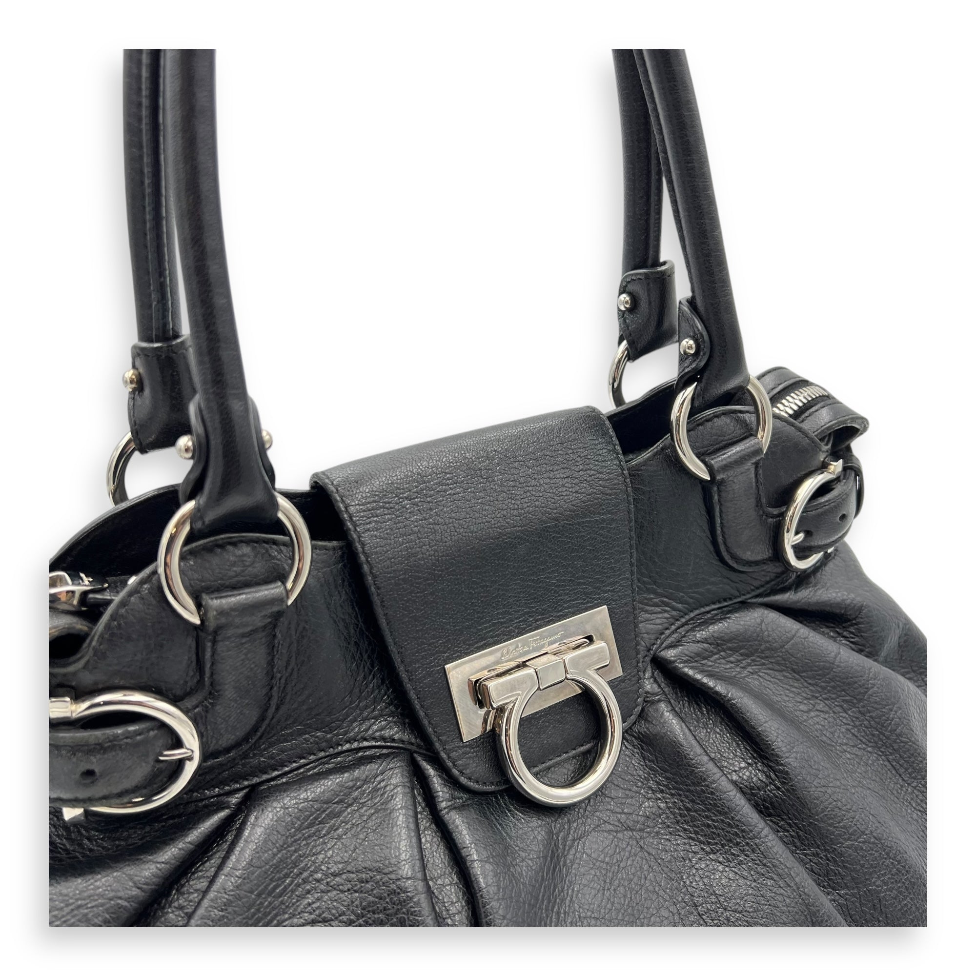 Gancini Black Tote Bag in Calfskin, Silver hardware - Image 7