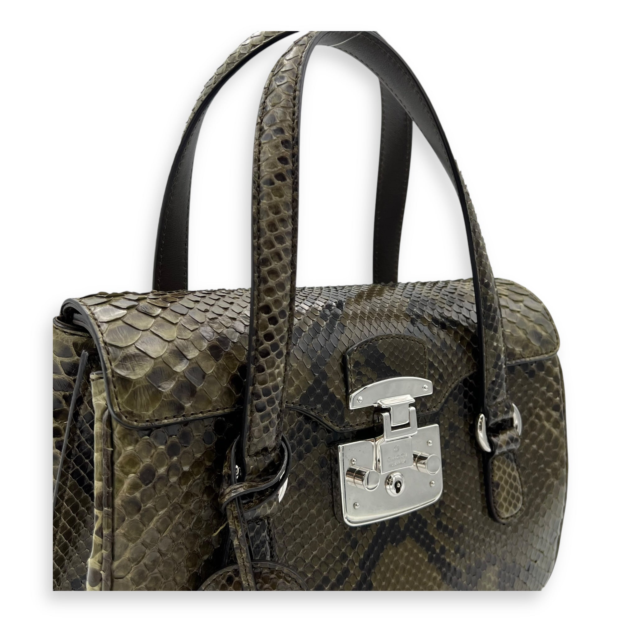 Flap Green Top Handle Bag in Snake Skin, Silver hardware - Image 7