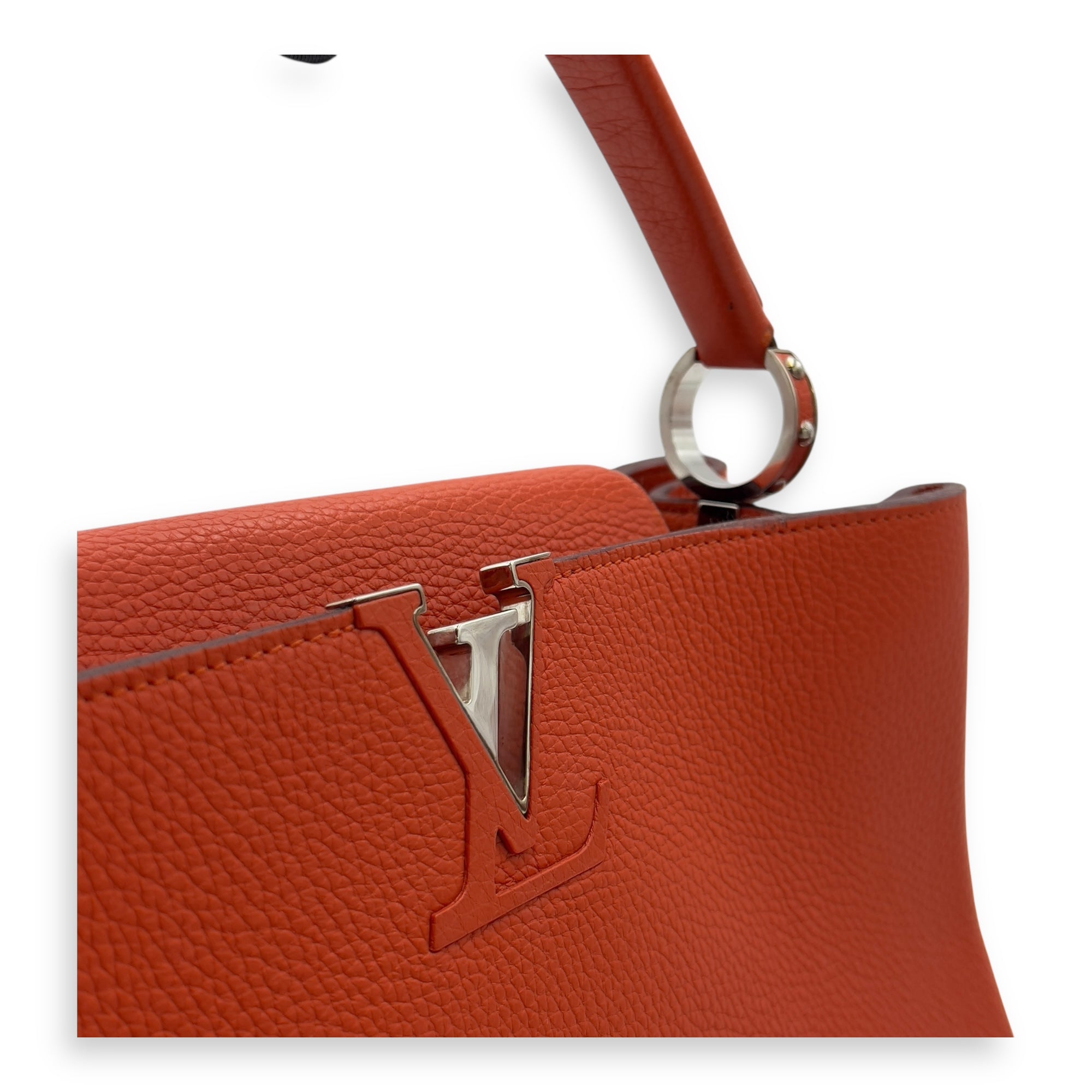 Capucines MM Clementine Top Handle Bag in Taurillon Leather, Light Gold hardware - Image 7