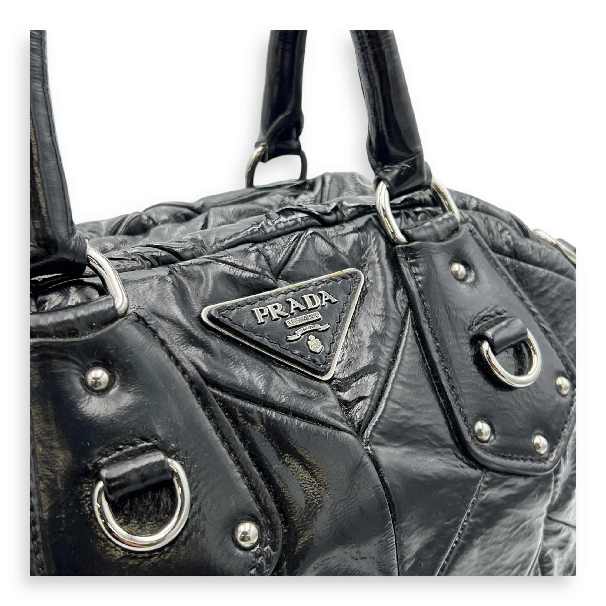 Quilted Top Handle Bag Black in Glazed Calfskin, Silver hardware - Image 7
