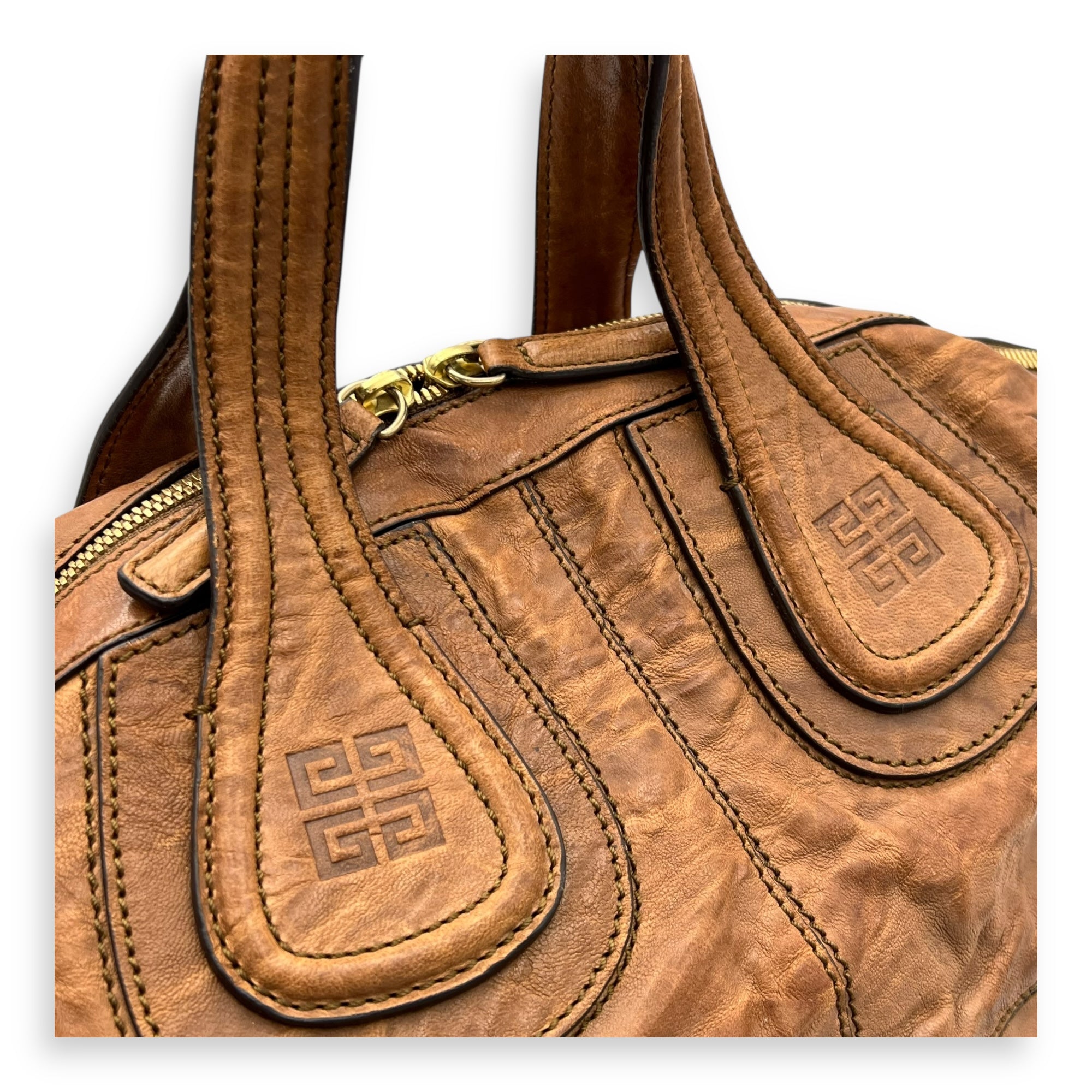 Nightingale Medium Brown Top Handle Bag in Distressed Leather, Gold hardware - Image 7