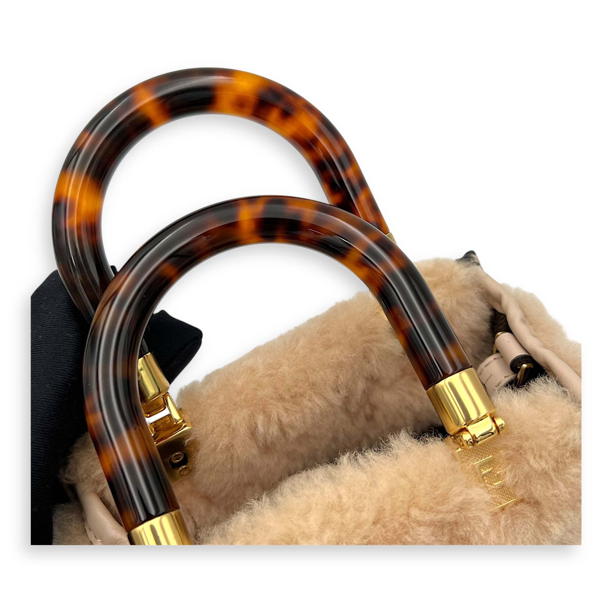 Sunshine Top Handle Bag Mini Beige in Faux Fur, Gold hardware - Image 8