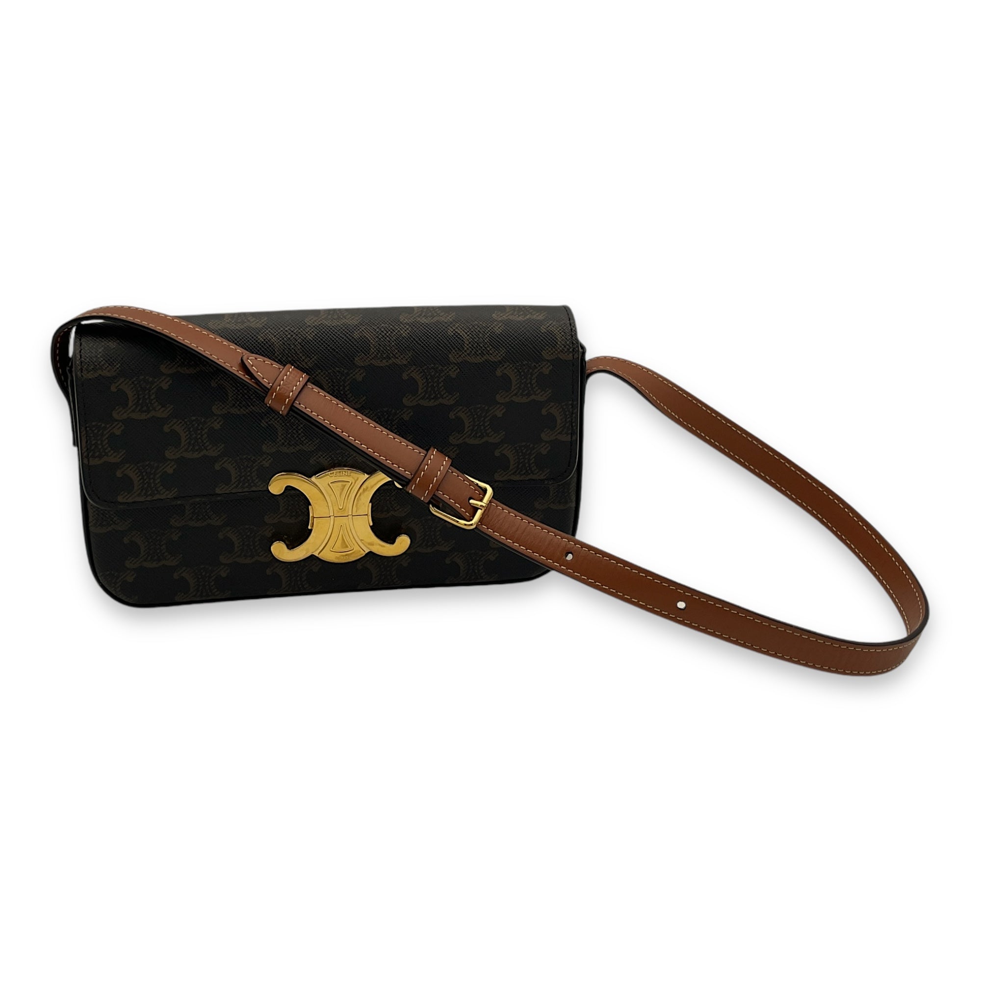 Triomphe Brown Shoulder Bag in Coated Canvas, Gold hardware - Image 11