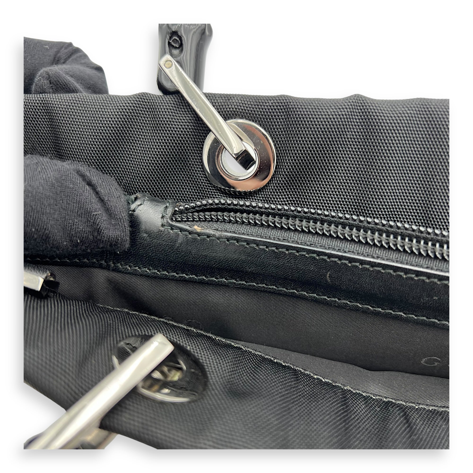 Bamboo Black Top Handle Bag in Nylon, Silver hardware - Image 10