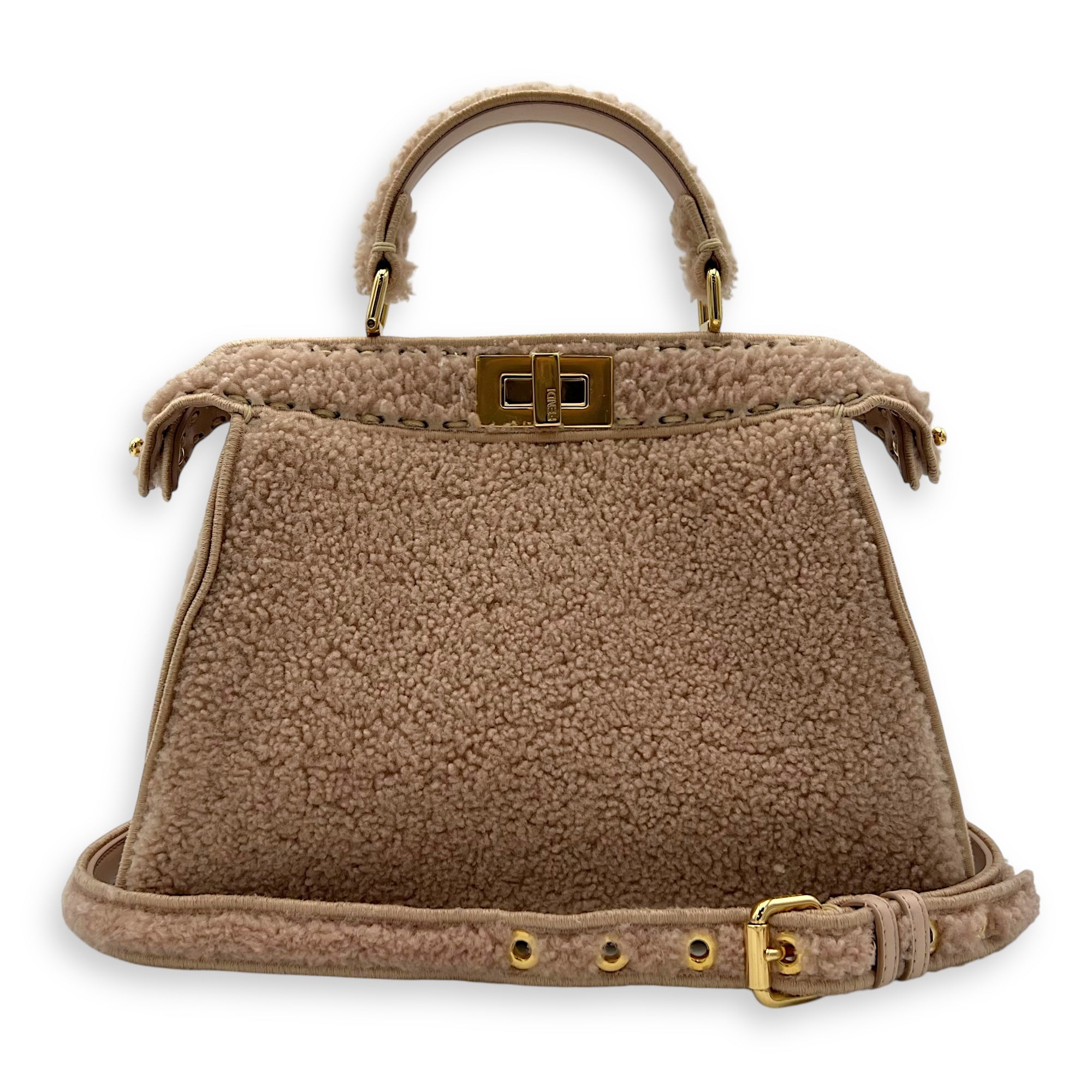 Iseeu Small Beige Top Handle Bag in Shearling, Gold hardware - Image 13