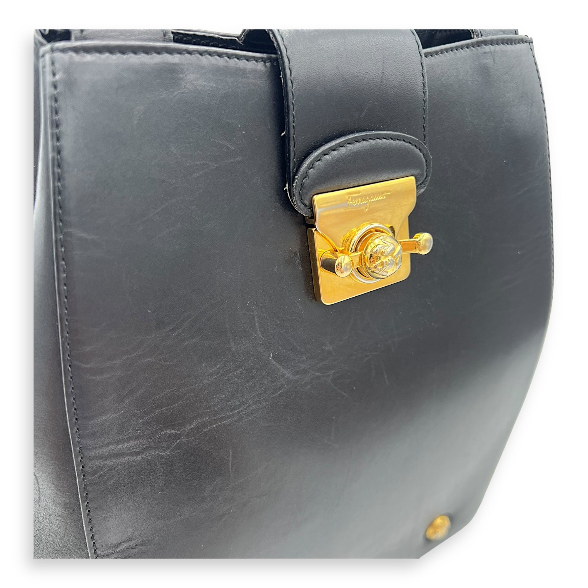 Gancini Black Shoulder Bag in Calfskin, Gold hardware - Image 8