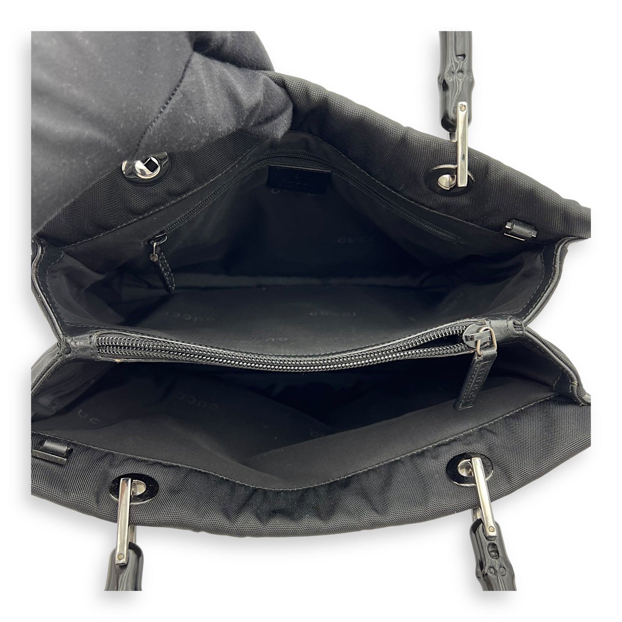 Bamboo Black Top Handle Bag in Nylon, Silver hardware - Image 7
