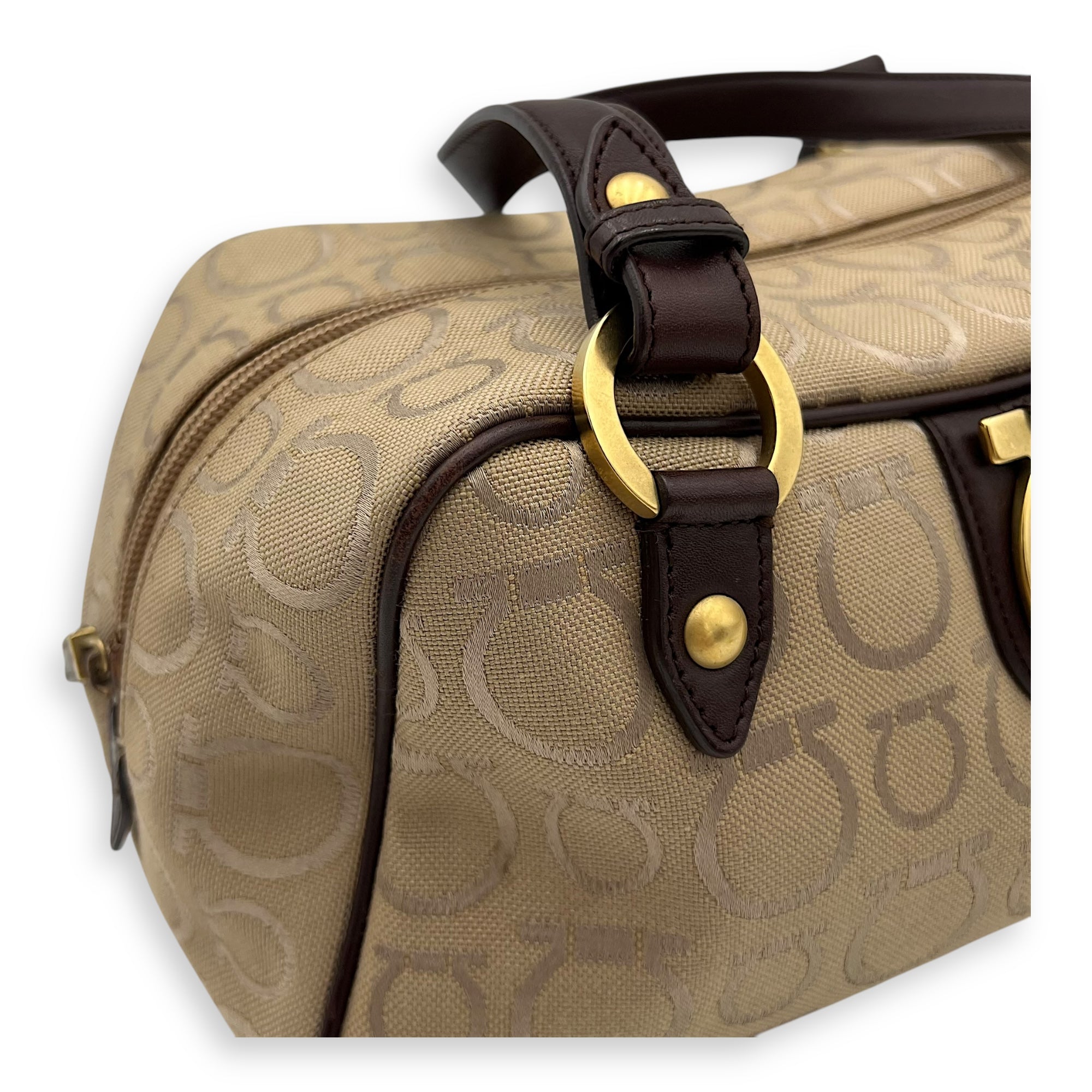 Gancini Beige Shoulder Bag in Canvas, Gold hardware - Image 13