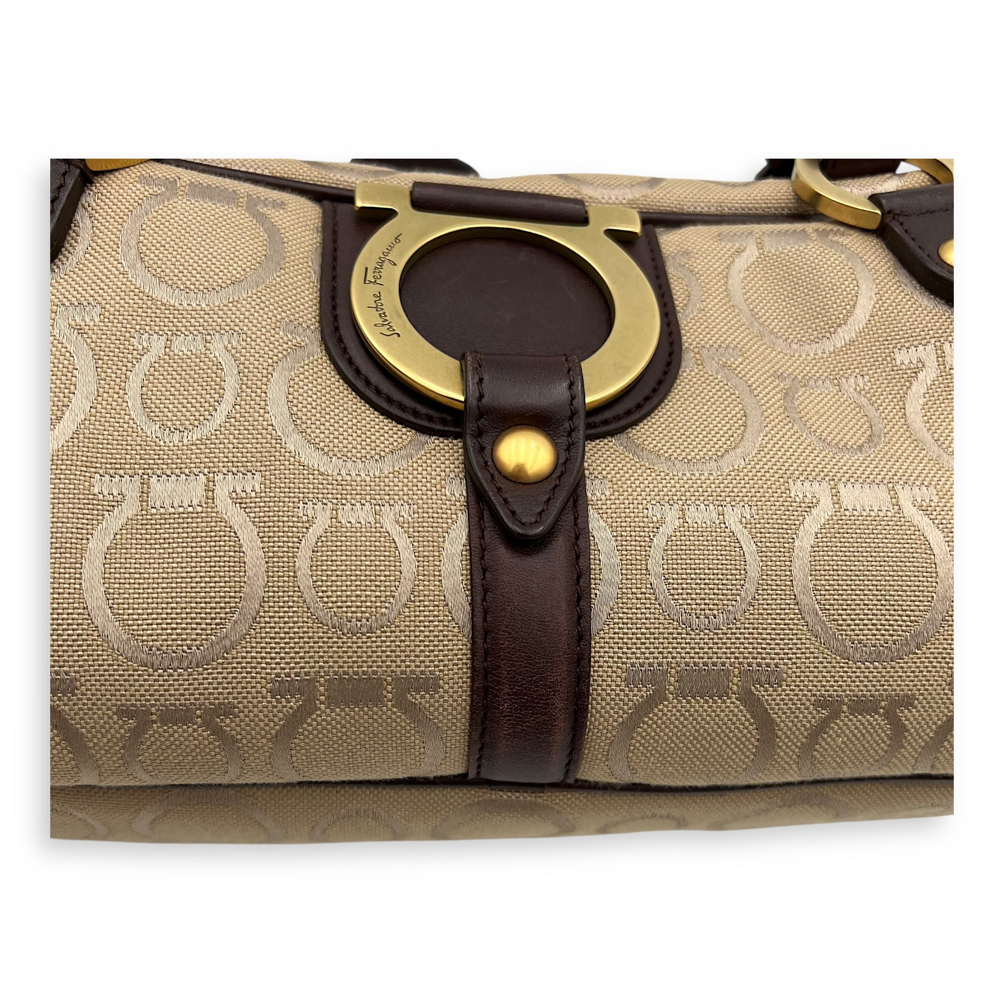 Gancini Beige Shoulder Bag in Canvas, Gold hardware - Image 10