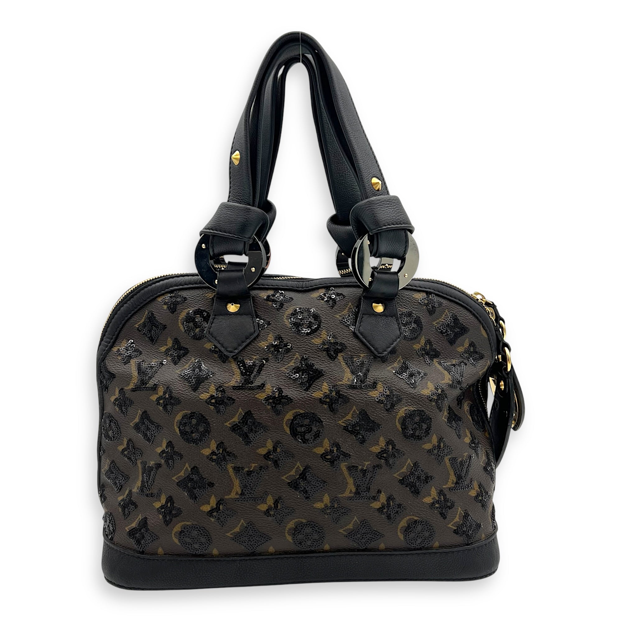 Alma Top Handle Bag Brown in Leather and sequins, Gold hardware