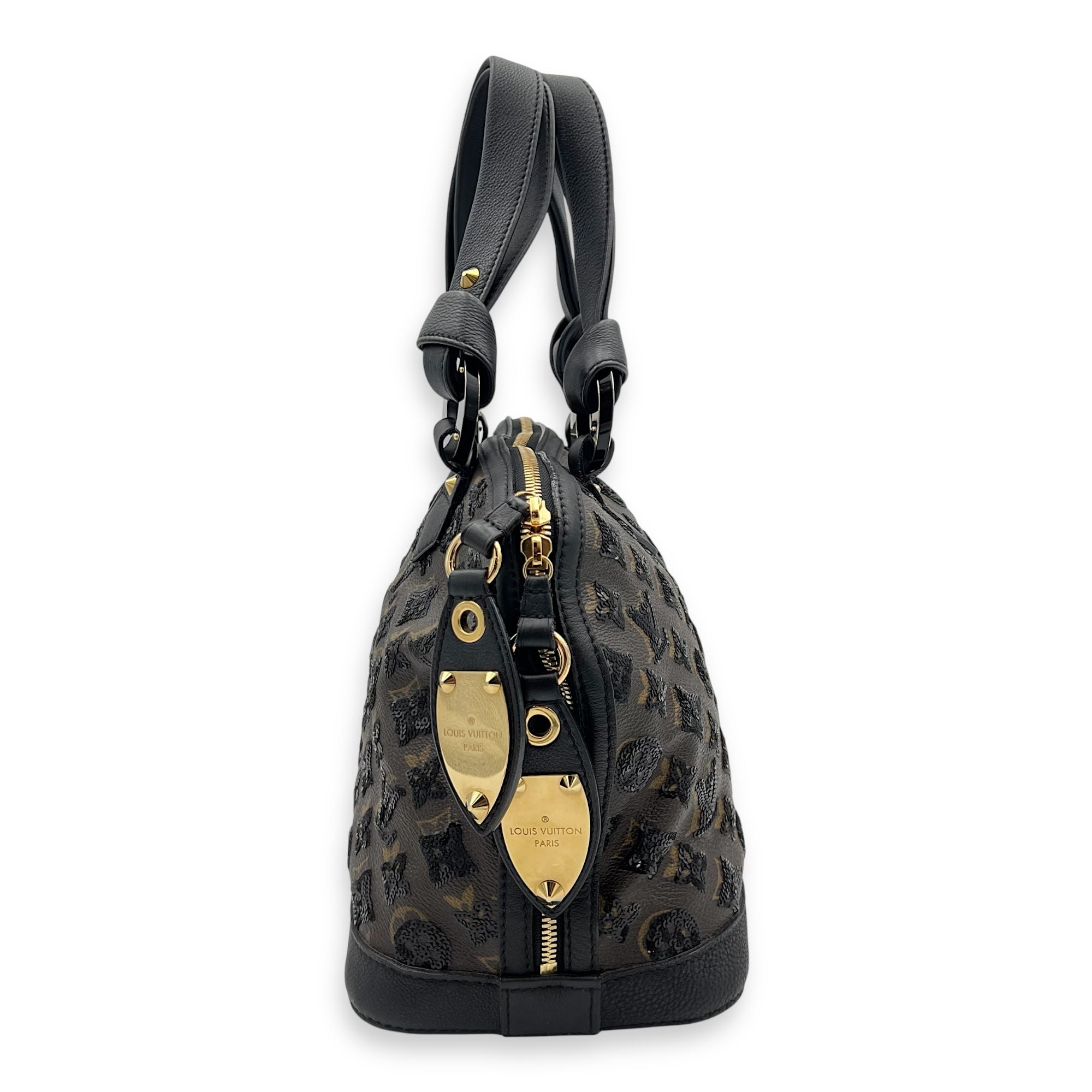 Alma Top Handle Bag Brown in Leather and sequins, Gold hardware - Image 4