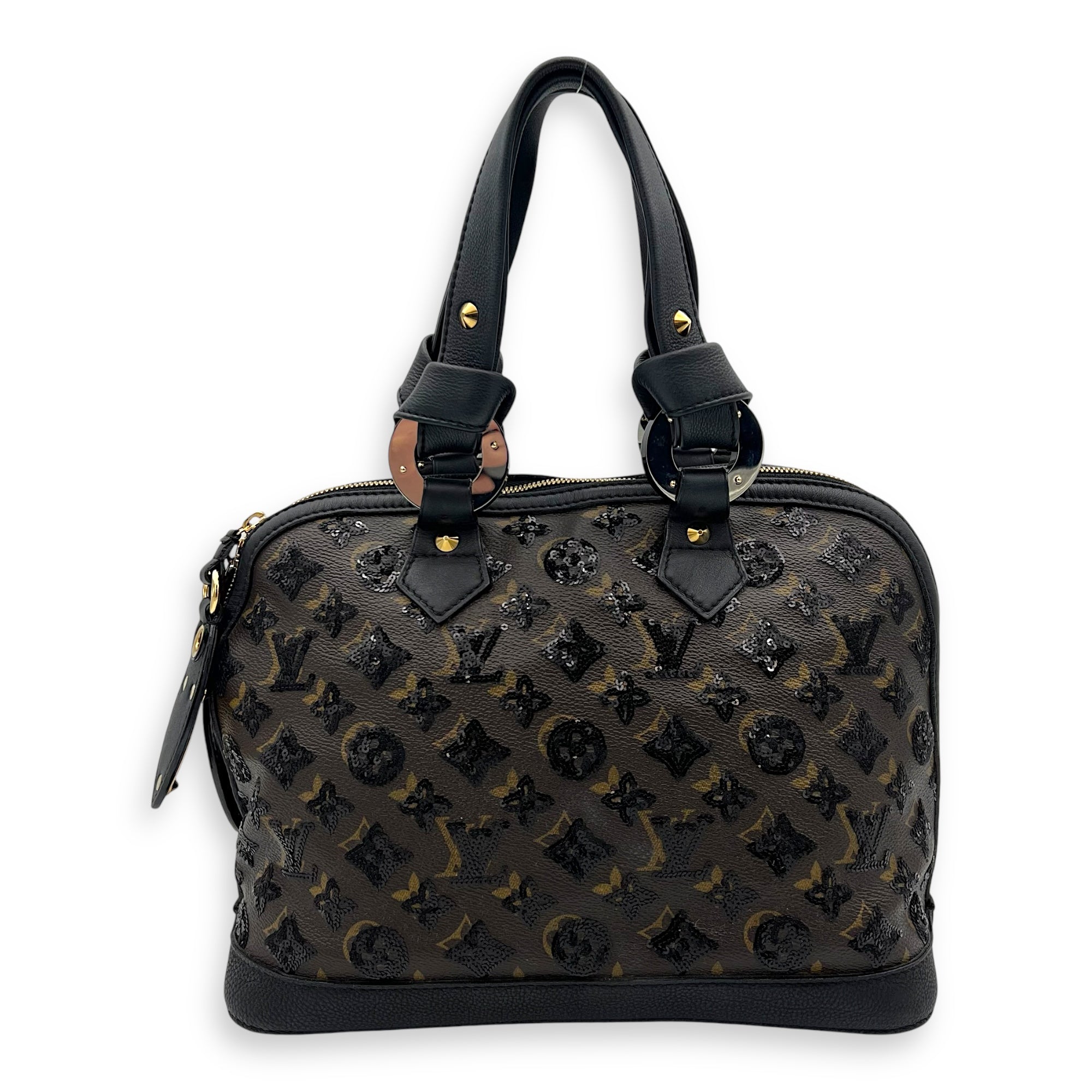 Alma Top Handle Bag Brown in Leather and sequins, Gold hardware - Image 3