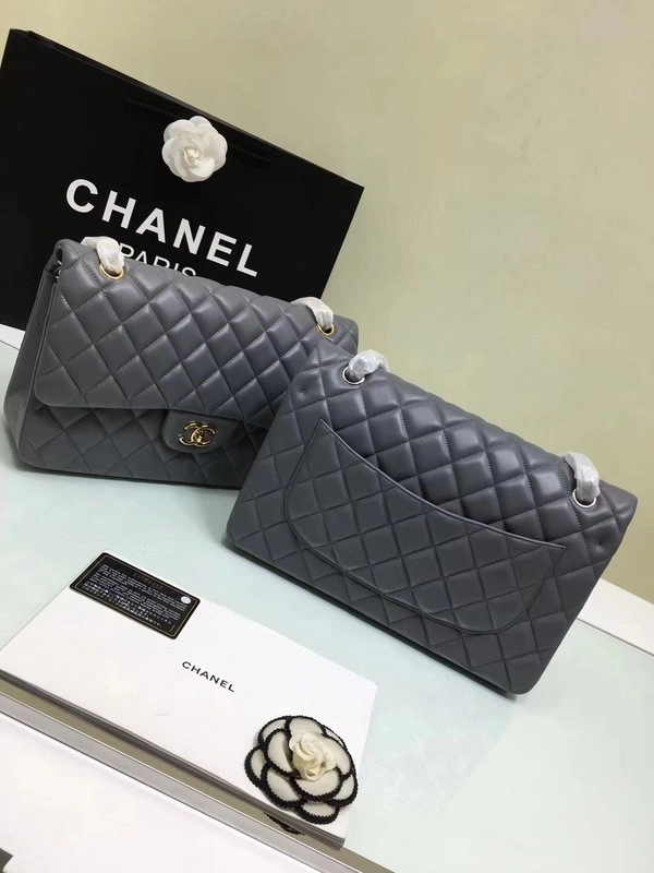 Fashionable CHANEL 1112 Grey Large Size 30cm Lambskin Leather Flap Bag With Gold Silver Hardware 841 - Image 4