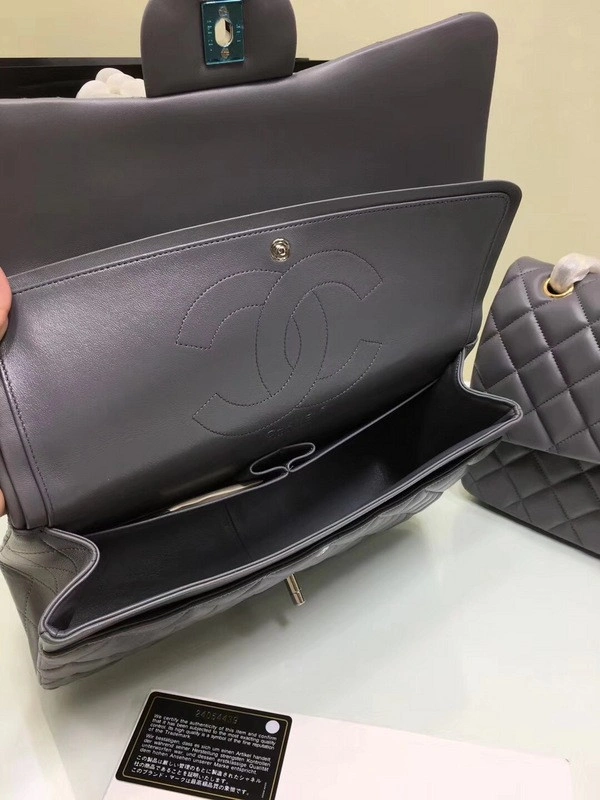Fashionable CHANEL 1112 Grey Large Size 30cm Lambskin Leather Flap Bag With Gold Silver Hardware 841 - Image 10